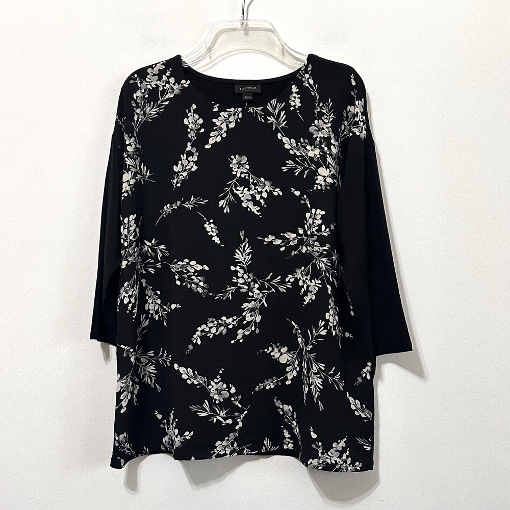 J Jill Wearever Collection Top S Mixed Media 3/4 Sleeve Black Leaves Popover NEW